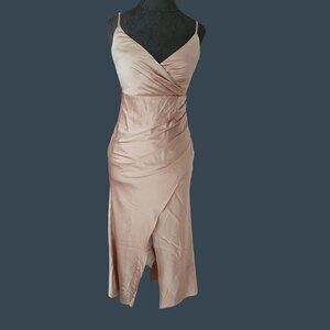 Hello Molly Satin Midi Dress Sz S US 4 Beige Sleeveless V-Neck Ruched Design NWT